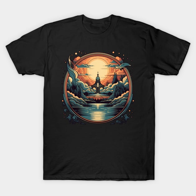 Surreal Dreamscape: Temple by the Lake T-Shirt by Czajnikolandia